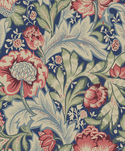 Acanthus Garden Vintage Botanical - Marine Blue & Watermelon | Architectural Wallcoverings