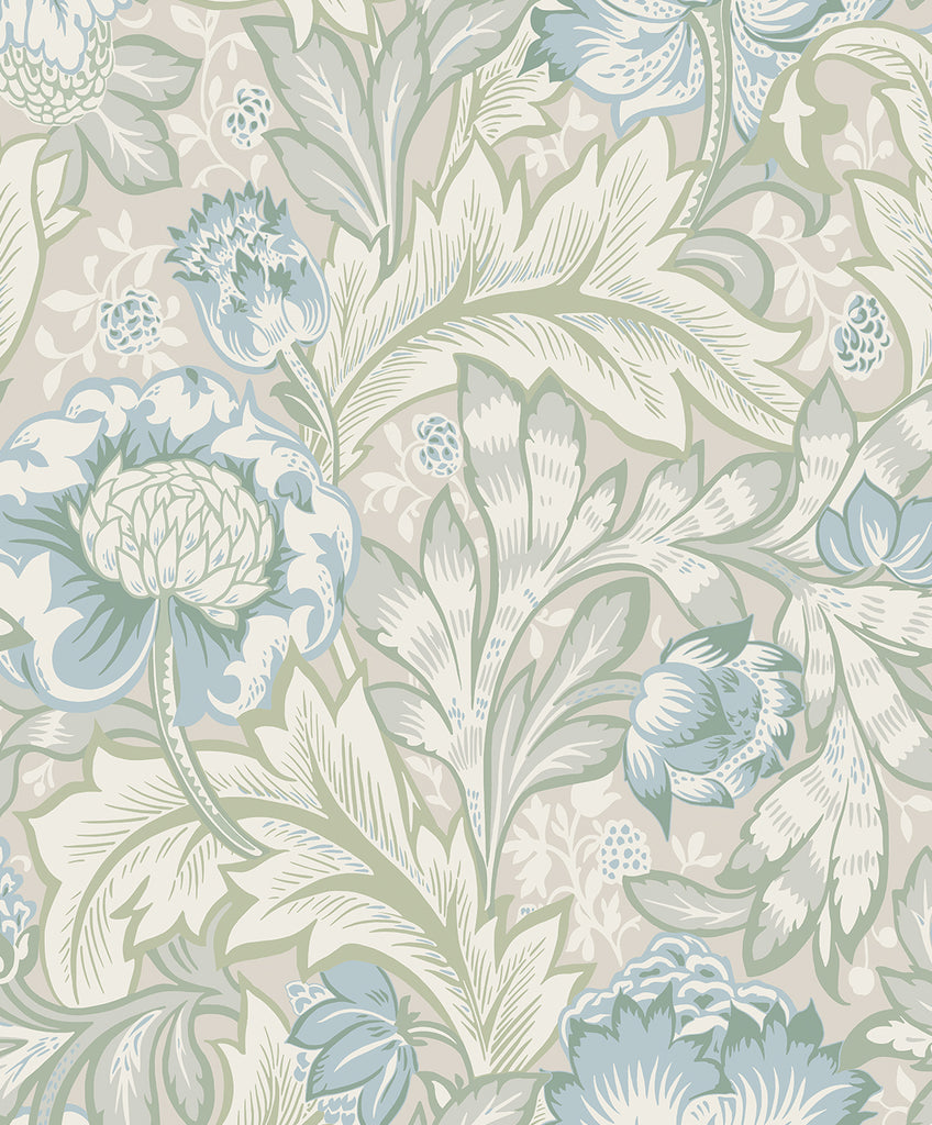 Malibu Acanthus Garden Wallpaper - Vintage Botanical - Powder Blue & Green Mist | Malibu Wallpaper
