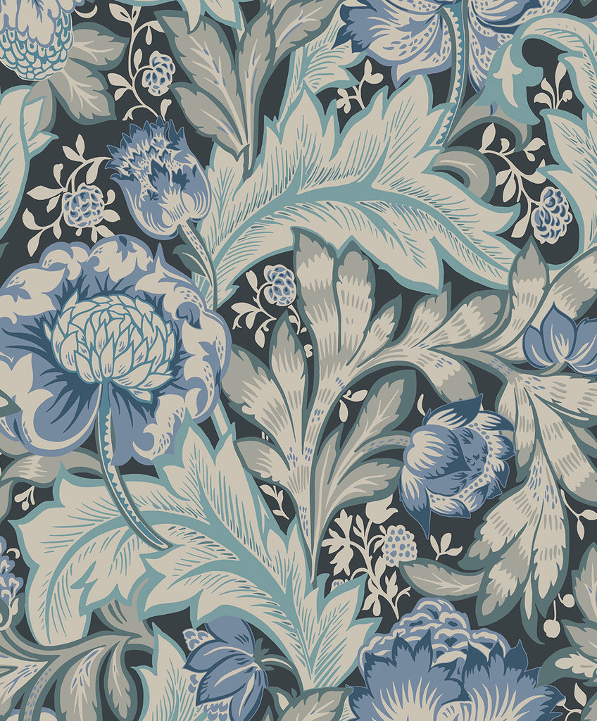 Malibu Acanthus Garden Wallpaper - Vintage Botanical - Bluestone & Golden | Malibu Wallpaper