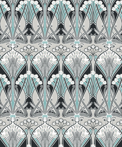 Dragonfly Damask Vintage Damask - Ebony & Aqua | Architectural Wallcoverings
