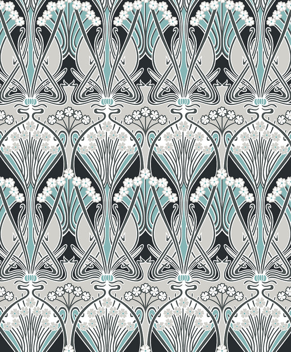 Dragonfly Damask Vintage Damask - Ebony & Aqua | Architectural Wallcoverings