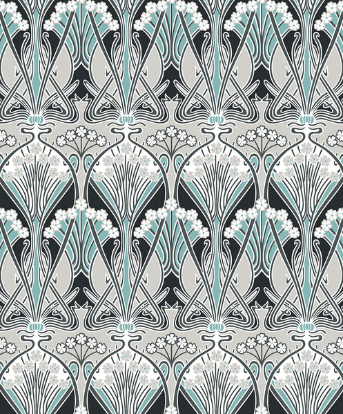 Malibu Dragonfly Damask Wallpaper - Vintage Damask - Ebony & Aqua | Malibu Wallpaper