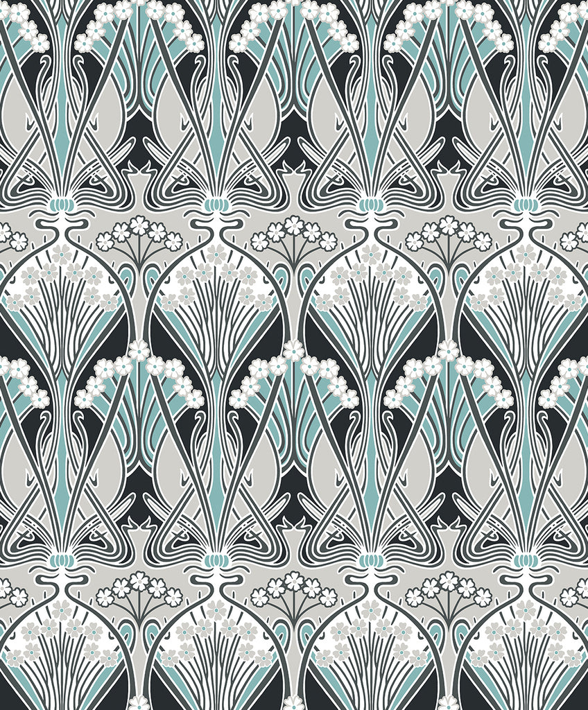 Malibu Dragonfly Damask Wallpaper - Vintage Damask - Ebony & Aqua | Malibu Wallpaper