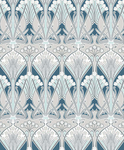 Dragonfly Damask Vintage Damask - Aegean Blue & Dewdrop | Architectural Wallcoverings