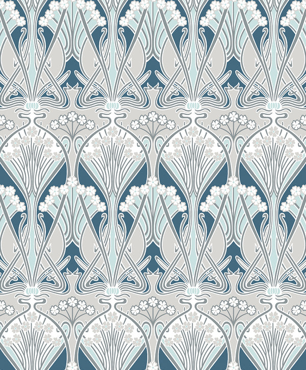 Dragonfly Damask Vintage Damask - Aegean Blue & Dewdrop | Architectural Wallcoverings