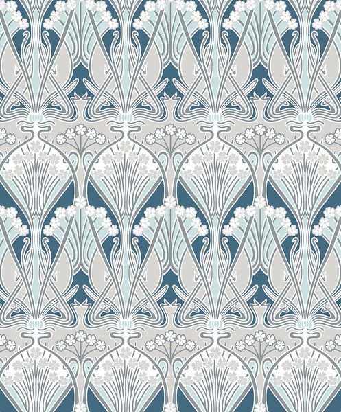 Malibu Dragonfly Damask Wallpaper - Vintage Damask - Aegean Blue & Dewdrop | Malibu Wallpaper