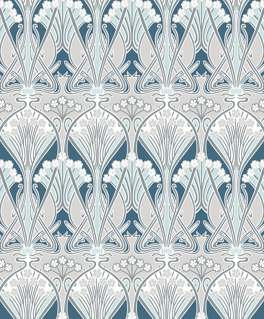 Malibu Dragonfly Damask Wallpaper - Vintage Damask - Aegean Blue & Dewdrop | Malibu Wallpaper