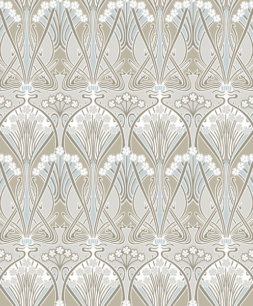 Malibu Dragonfly Damask Wallpaper - Vintage Damask - Soft Taupe & Blue Mist | Malibu Wallpaper