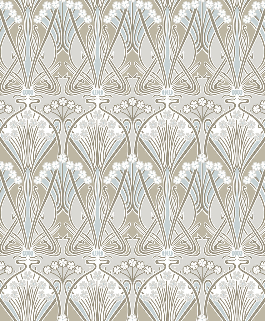 Malibu Dragonfly Damask Wallpaper - Vintage Damask - Soft Taupe & Blue Mist | Malibu Wallpaper