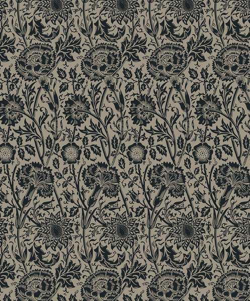 Malibu Tonal Floral Trail Wallpaper - Vintage Floral - Taupe & Ebony | Malibu Wallpaper