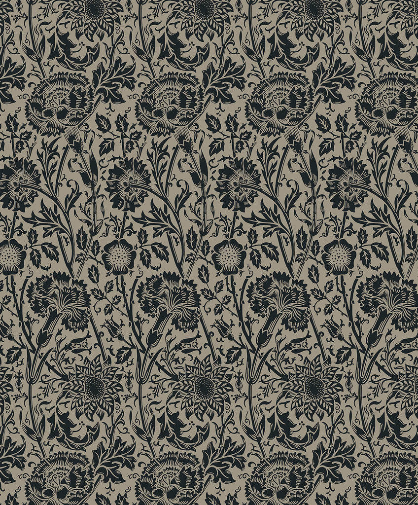 Malibu Tonal Floral Trail Wallpaper - Vintage Floral - Taupe & Ebony | Malibu Wallpaper