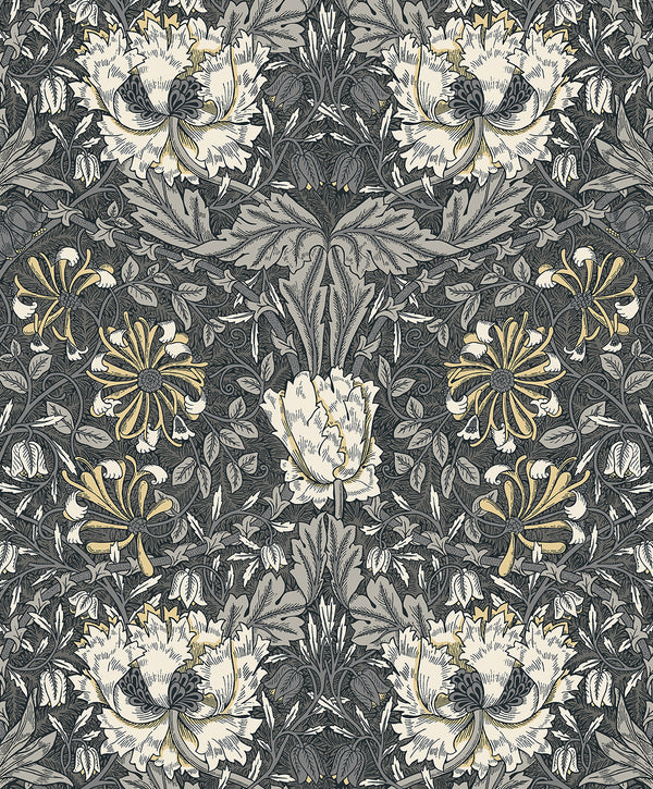 Ogee Flora Vintage Floral - Charcoal & Goldenrod | Architectural Wallcoverings