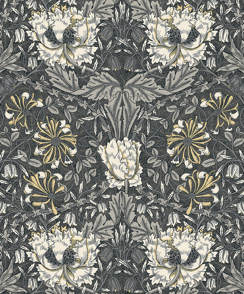 Malibu Ogee Flora Wallpaper - Vintage Floral - Charcoal & Goldenrod | Malibu Wallpaper