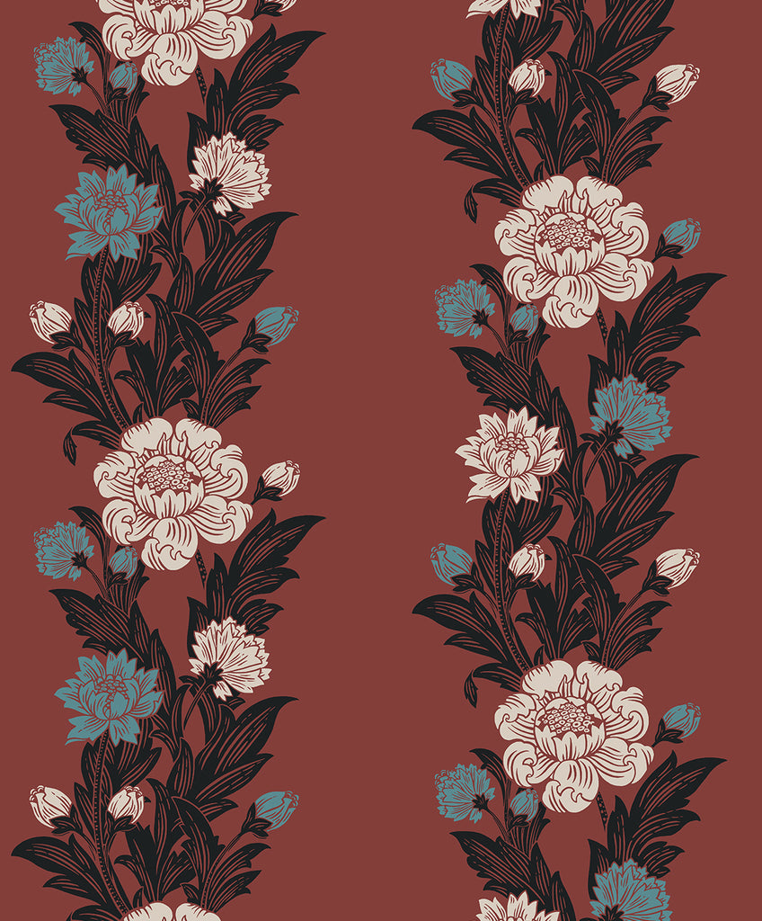 Malibu Blooming Stripe Wallpaper - Vintage Floral - Pale Carmine & Aqua | Malibu Wallpaper