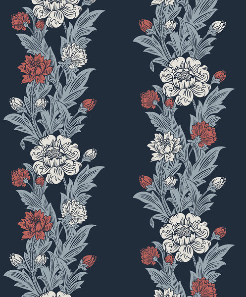 Malibu Blooming Stripe Wallpaper - Vintage Floral - Deep Navy & Berry | Malibu Wallpaper