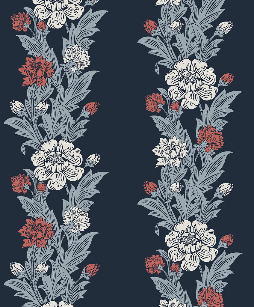 Malibu Blooming Stripe Wallpaper - Vintage Floral - Deep Navy & Berry | Malibu Wallpaper