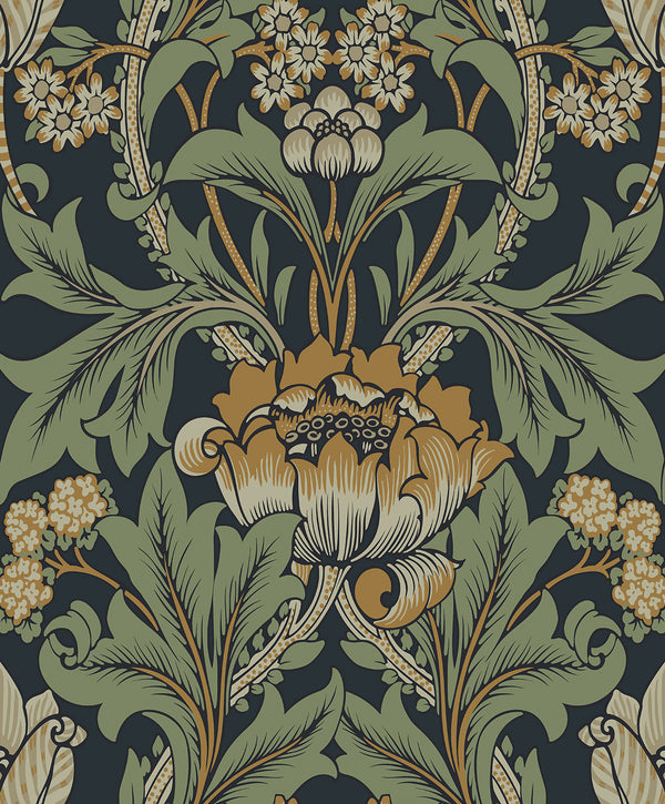 Primrose Garden Vintage Floral - Midnight Blue & Goldenrod | Architectural Wallcoverings