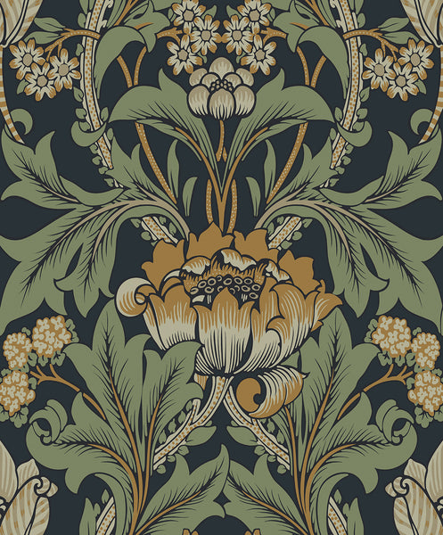 Malibu Primrose Garden Wallpaper - Vintage Floral - Midnight Blue & Goldenrod | Malibu Wallpaper