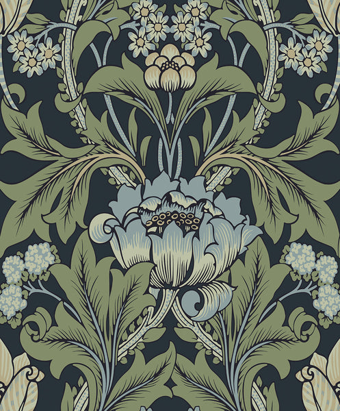 Malibu Primrose Garden Wallpaper - Vintage Floral - Midnight Blue & Sage | Malibu Wallpaper