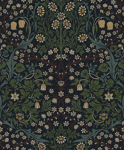 Victorian Floral Vintage Floral - Midnight Blue & Evergreen | Architectural Wallcoverings