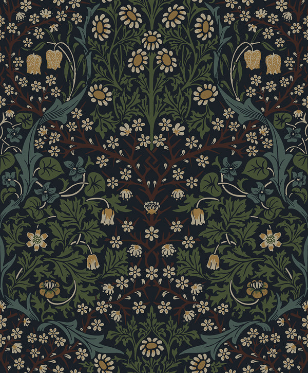 Victorian Floral Vintage Floral - Midnight Blue & Evergreen | Architectural Wallcoverings