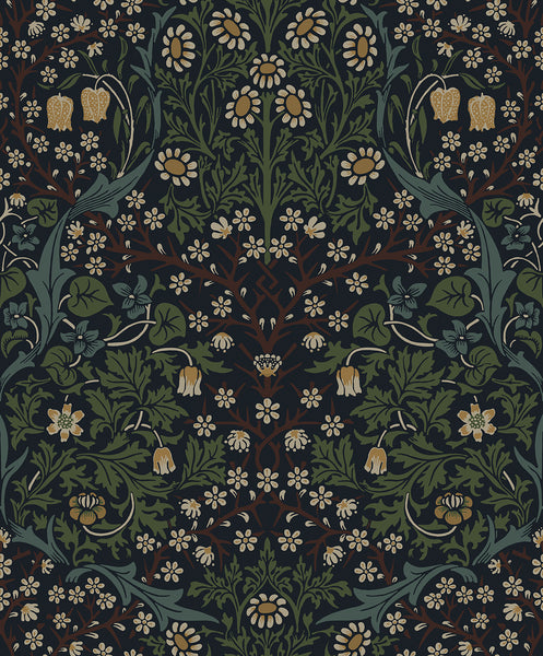 Malibu Victorian Floral Wallpaper - Vintage Floral - Midnight Blue & Evergreen | Malibu Wallpaper