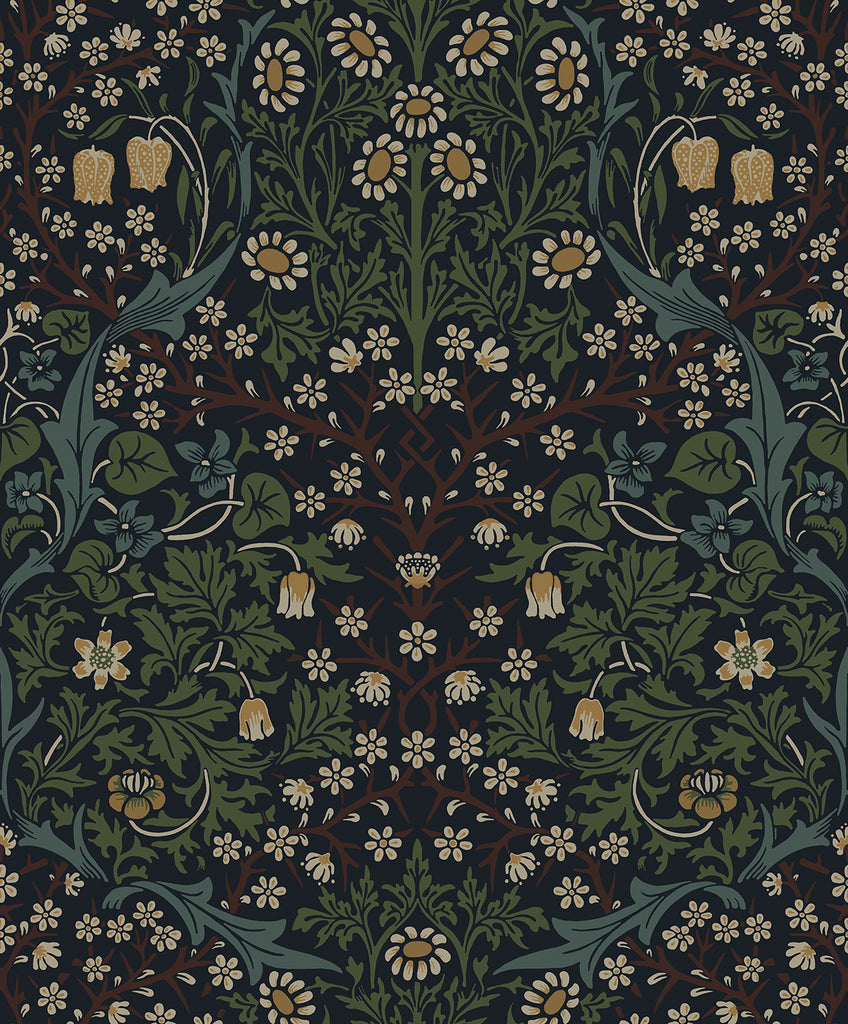Malibu Victorian Floral Wallpaper - Vintage Floral - Midnight Blue & Evergreen | Malibu Wallpaper