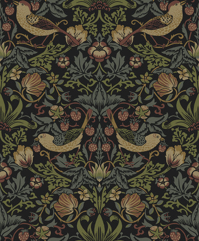 Strawberry Meadow Vintage Botanical - Black | Architectural Wallcoverings