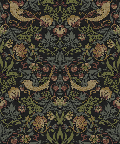 Strawberry Meadow Vintage Botanical - Black | Architectural Wallcoverings