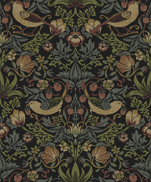 Strawberry Meadow Vintage Botanical - Black | Architectural Wallcoverings
