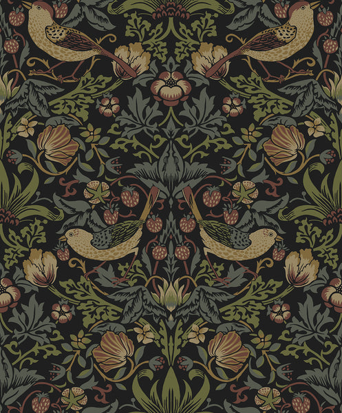 Malibu Strawberry Meadow Wallpaper - Vintage Botanical - Black | Malibu Wallpaper