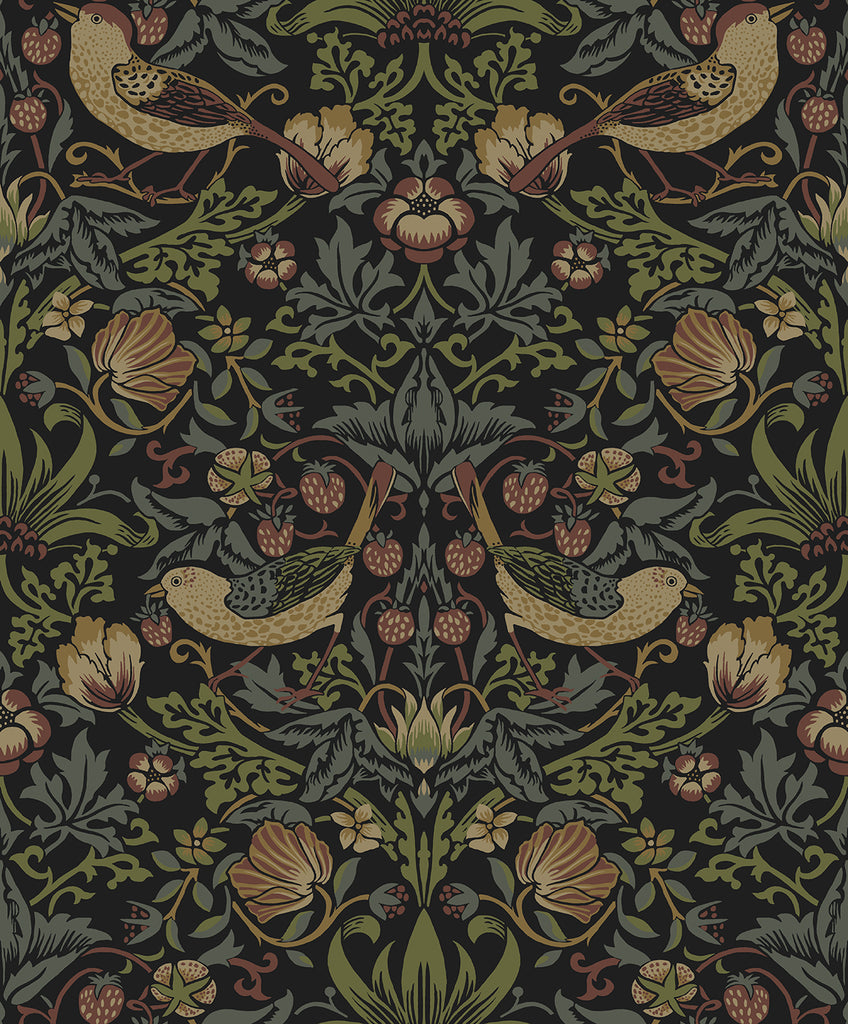Malibu Strawberry Meadow Wallpaper - Vintage Botanical - Black | Malibu Wallpaper