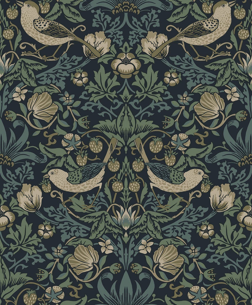 Malibu Strawberry Meadow Wallpaper - Vintage Botanical - Blue | Malibu Wallpaper