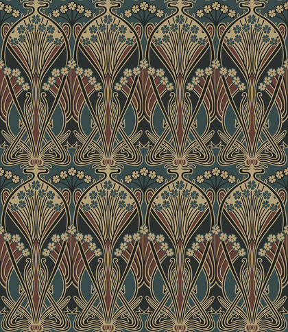 Deco Dragonflies Vintage Botanical - Aegean Blue & Clay | Architectural Wallcoverings