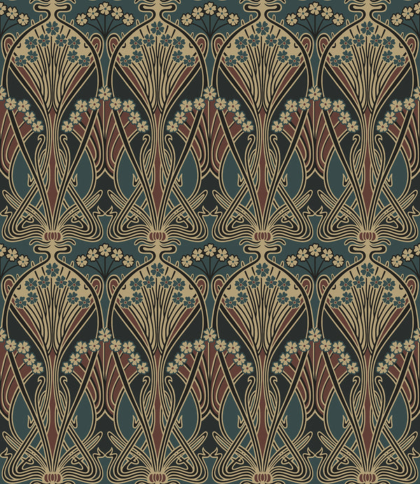 Deco Dragonflies Vintage Botanical - Aegean Blue & Clay | Architectural Wallcoverings