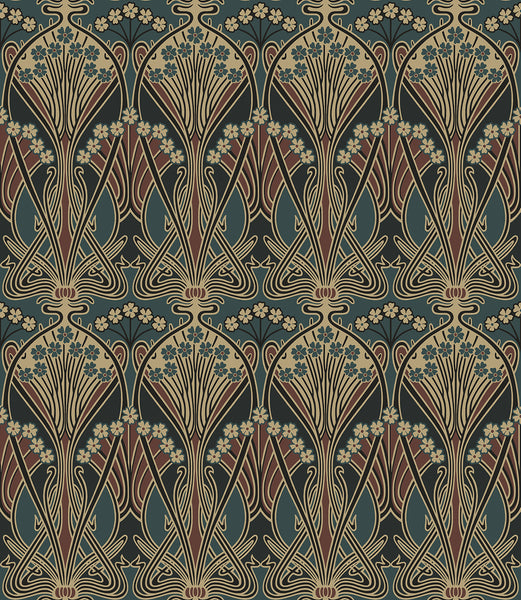 Malibu Deco Dragonflies Wallpaper - Vintage Botanical - Aegean Blue & Clay | Malibu Wallpaper