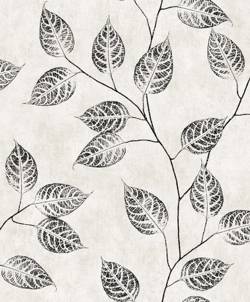 Malibu Branch Trail Silhouette Wallpaper - Contemporary Botanical - Black and White | Malibu Wallpaper