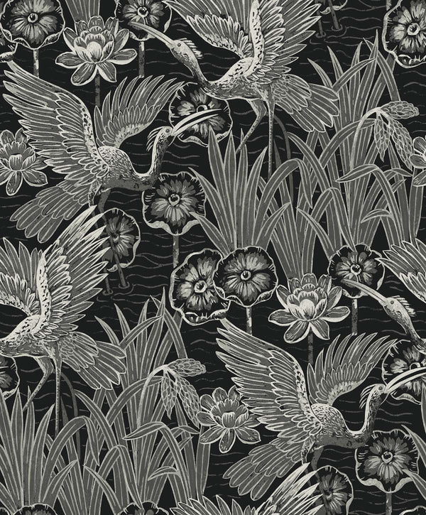 Marsh Cranes Contemporary Animal Print - Midnight | Architectural Wallcoverings