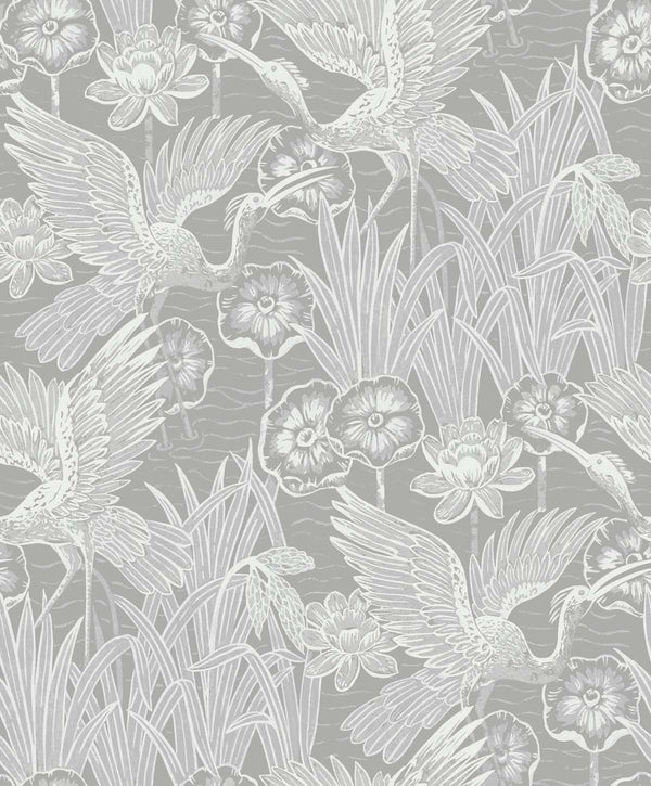 Marsh Cranes Contemporary Animal Print - Anew Grey | Architectural Wallcoverings