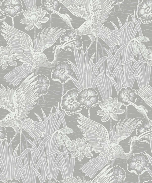 Malibu Marsh Cranes Wallpaper - Contemporary Animal Print - Anew Grey | Malibu Wallpaper