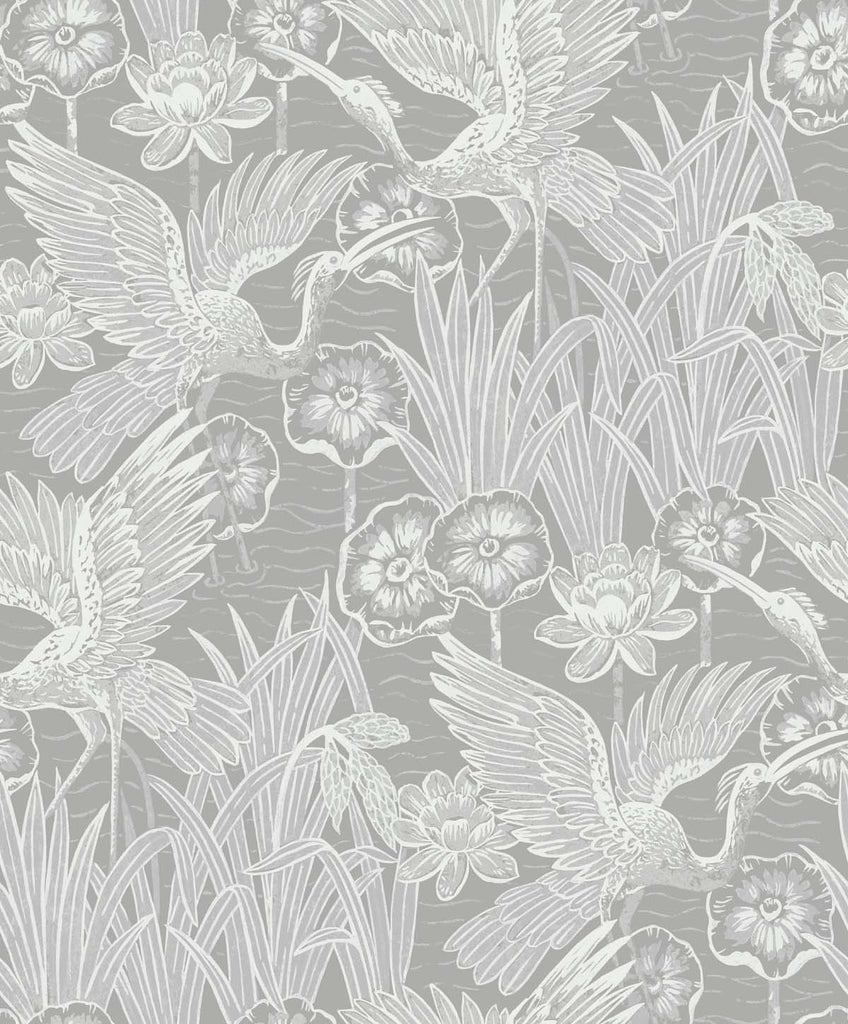 Malibu Marsh Cranes Wallpaper - Contemporary Animal Print - Anew Grey | Malibu Wallpaper