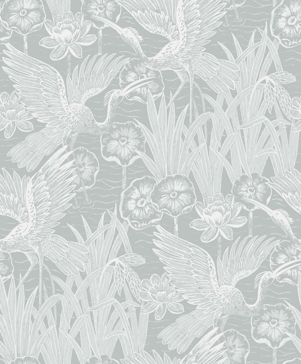 Marsh Cranes Contemporary Animal Print - Mist | Architectural Wallcoverings