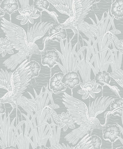 Malibu Marsh Cranes Wallpaper - Contemporary Animal Print - Mist | Malibu Wallpaper