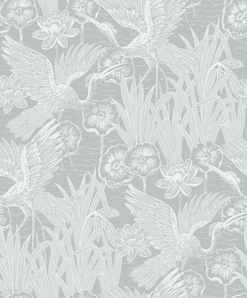 Malibu Marsh Cranes Wallpaper - Contemporary Animal Print - Mist | Malibu Wallpaper