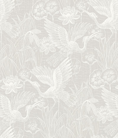 White Heron Floral Contemporary Animal Print - Heron Neutral | Architectural Wallcoverings