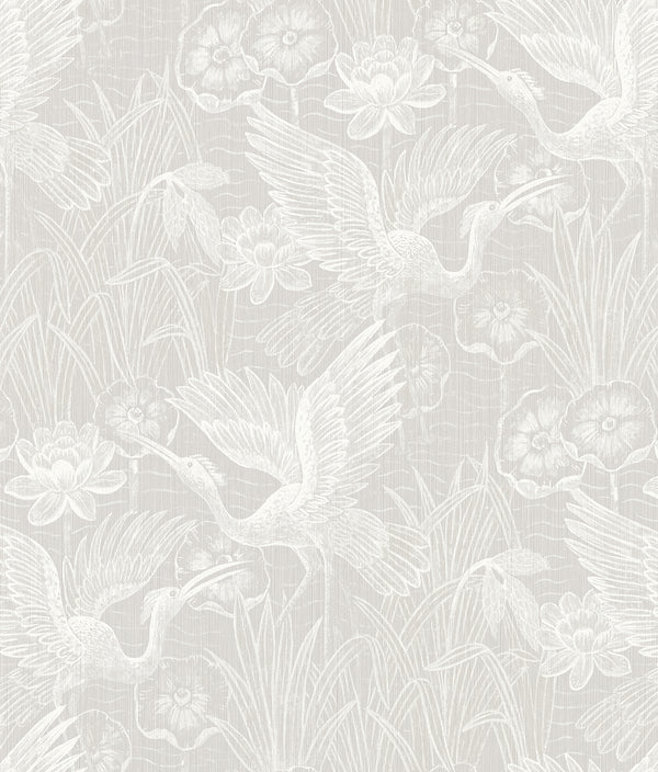 White Heron Floral Contemporary Animal Print - Heron Neutral | Architectural Wallcoverings