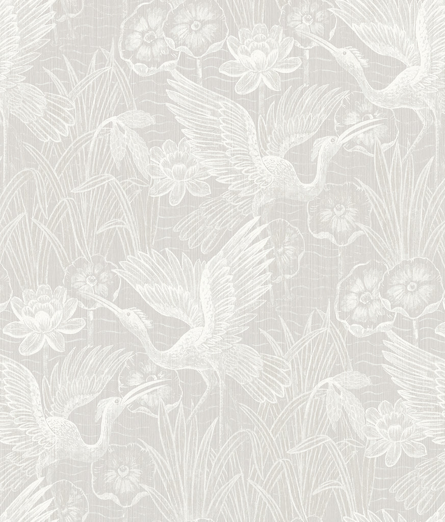 Malibu White Heron Floral Wallpaper - Contemporary Animal Print - Heron Neutral | Malibu Wallpaper