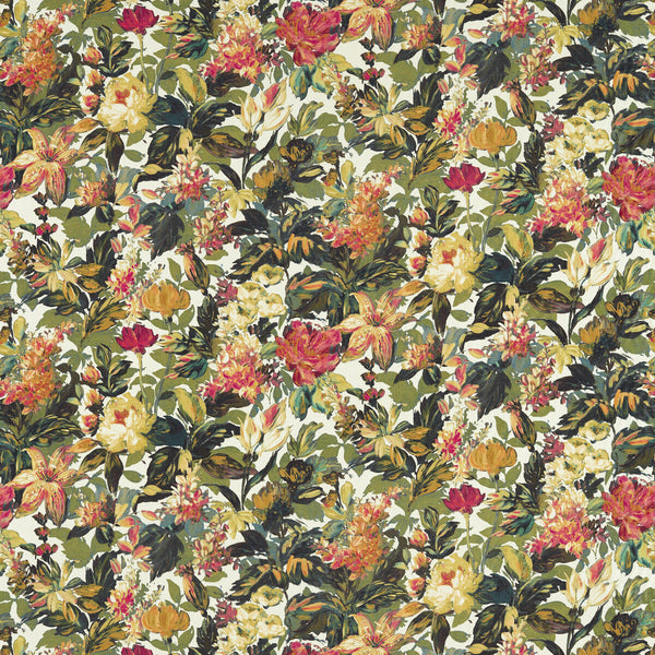 Lilum - Olive Raspberry Green By Clarke And Clarke | Clarke & Clarke Marianne | Botanical & Floral Upholstery Print