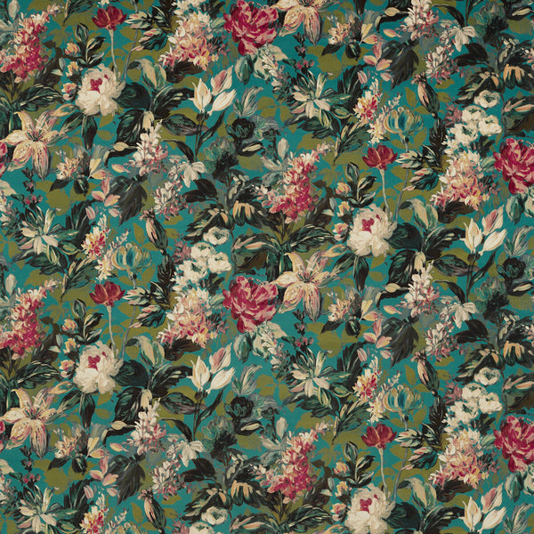 Lilum - Peacock Velvet Teal By Clarke And Clarke | Clarke & Clarke Marianne | Botanical & Floral Upholstery Print