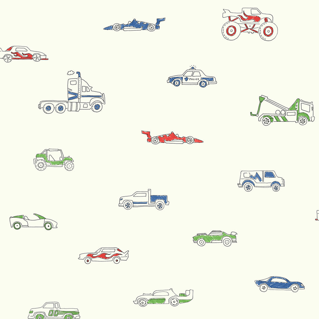 Malibu Traffic Jam Wallpaper - Kids/Nursery Illustration - Multicolored | Malibu Wallpaper